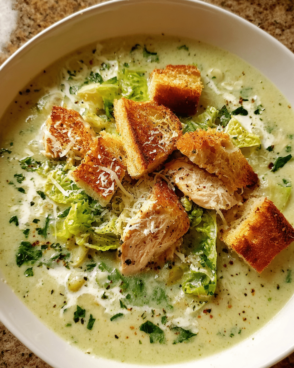 Creamy Chicken Caesar Soup with croutons in bowl