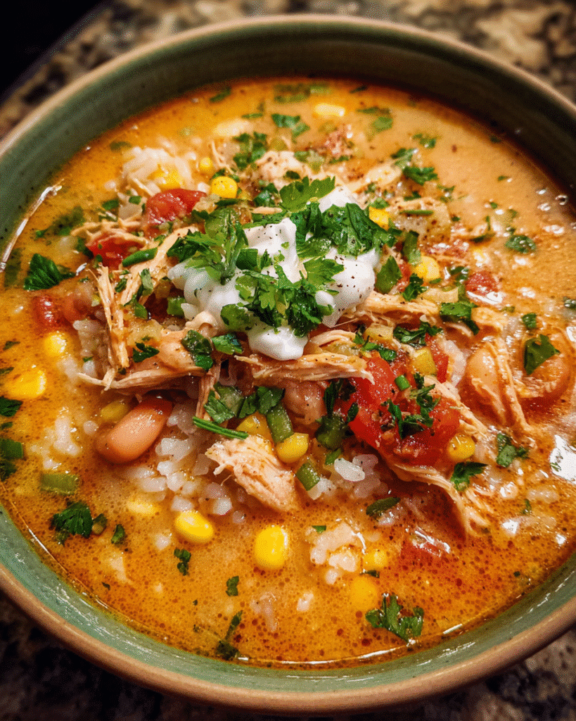 Bowl of Creamy Chicken Chipotle Soup garnished with parsley