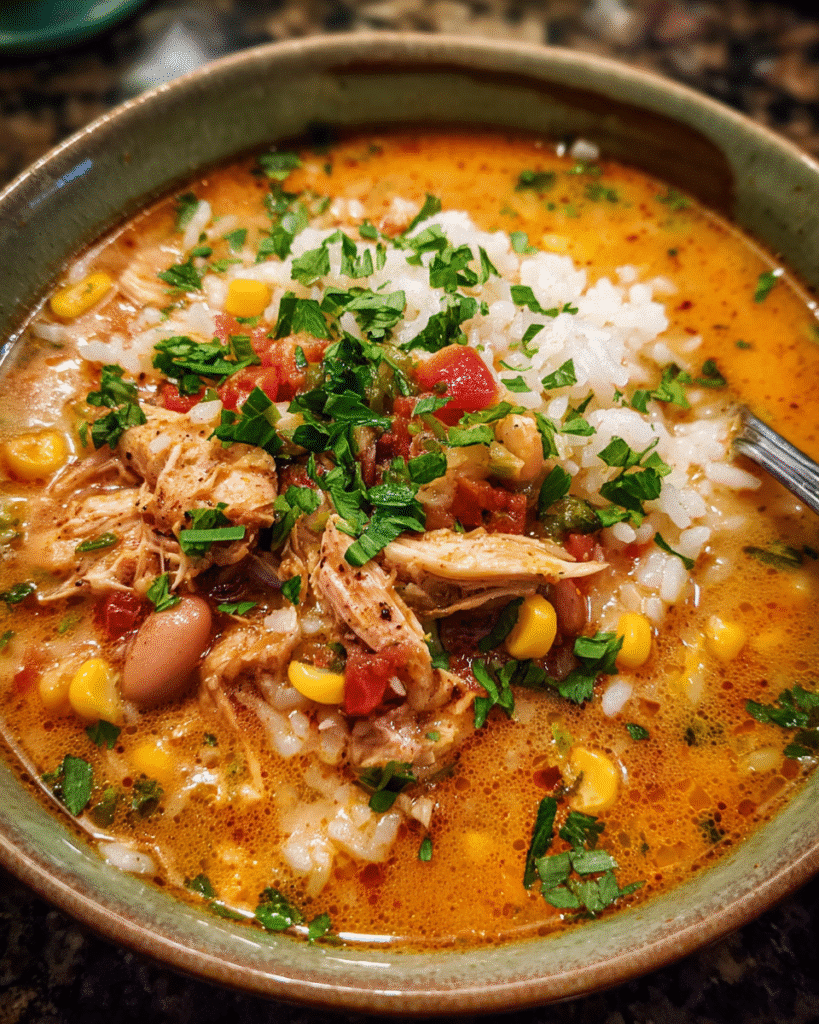 Bowl of Creamy Chicken Chipotle Soup garnished with parsley