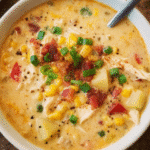 Creamy Chicken Corn Soup in a white bowl topped with green onions and cheddar cheese
