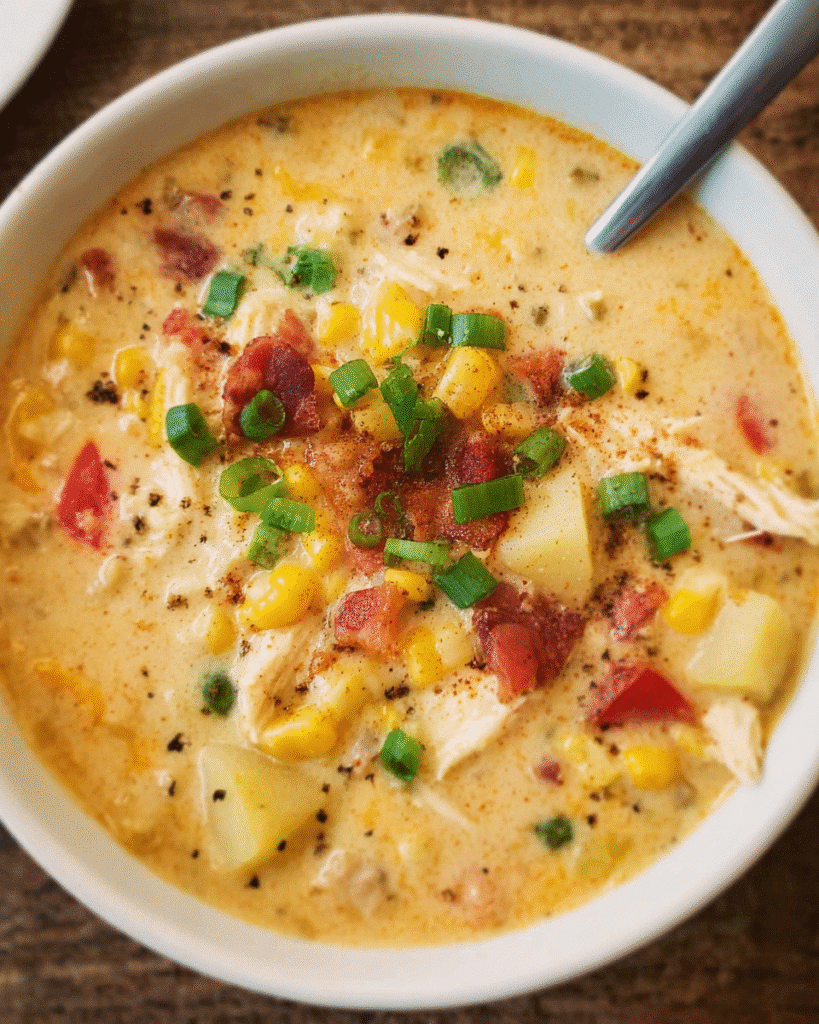 Creamy Chicken Corn Soup in a white bowl topped with green onions and cheddar cheese