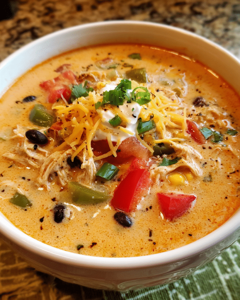 Creamy Chicken Fajita Soup in a bowl with peppers and cheese