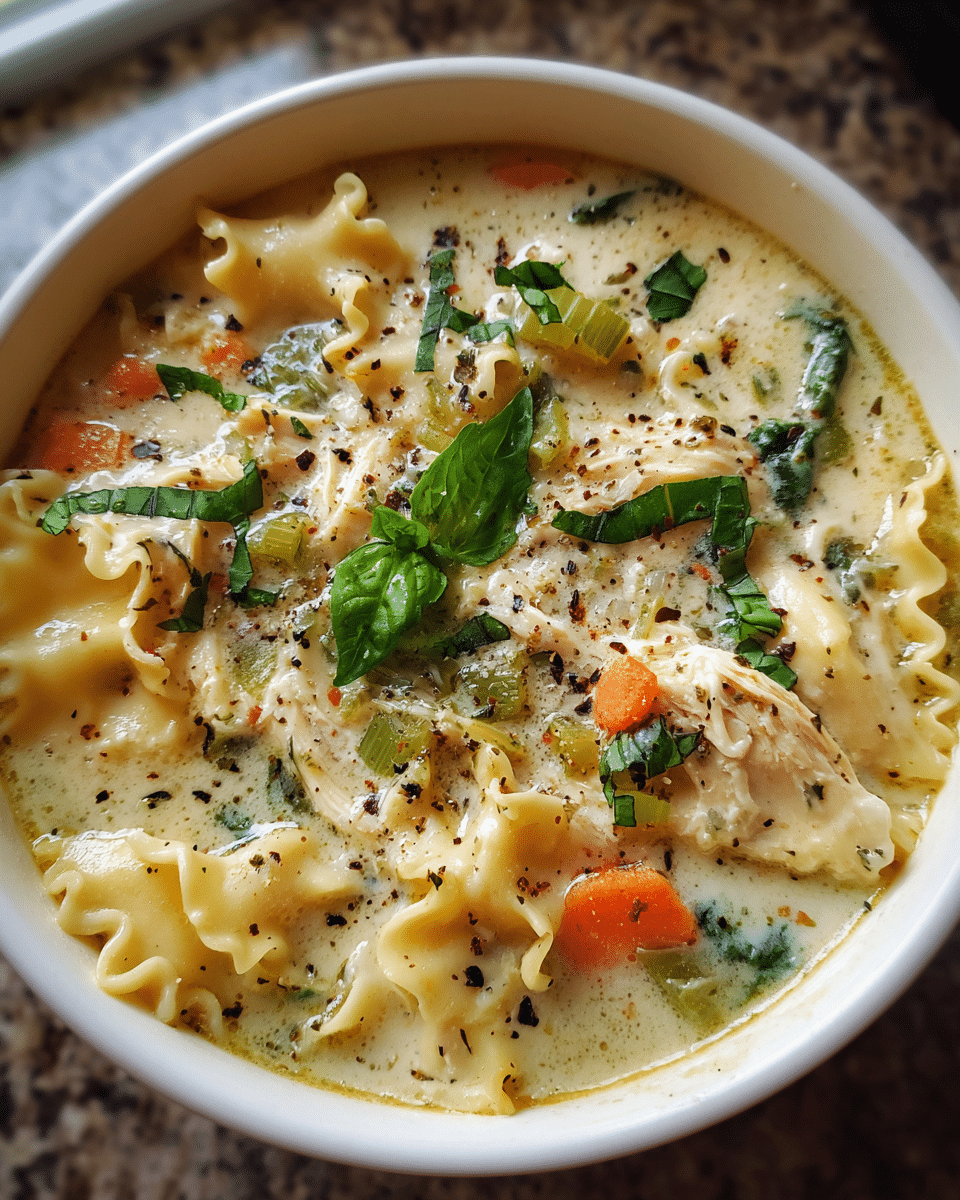 Creamy Chicken Lasagna Soup in a bowl with basil and Parmesan