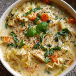 Creamy Chicken Lasagna Soup in a bowl with basil and Parmesan
