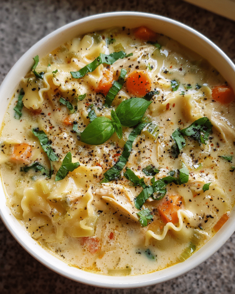 Creamy Chicken Lasagna Soup in a bowl with basil and Parmesan