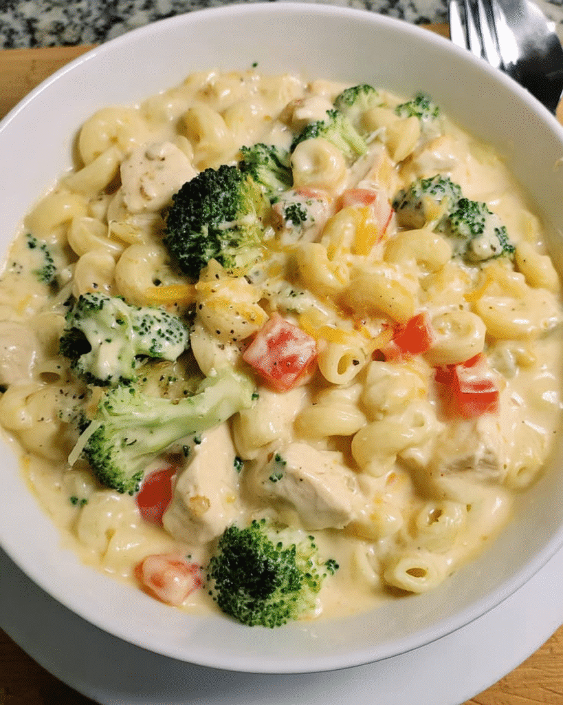 Creamy Chicken Mac and Cheese Soup in a bowl