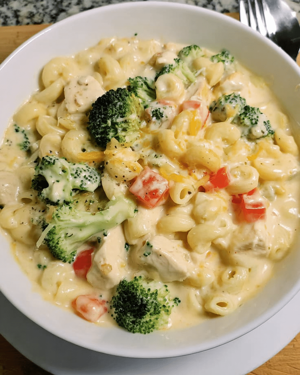 Creamy Chicken Mac and Cheese Soup in a bowl