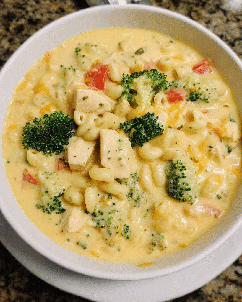 Creamy Chicken Mac and Cheese Soup in a bowl