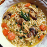 A bowl of creamy chicken mushroom orzo soup garnished with fresh herbs