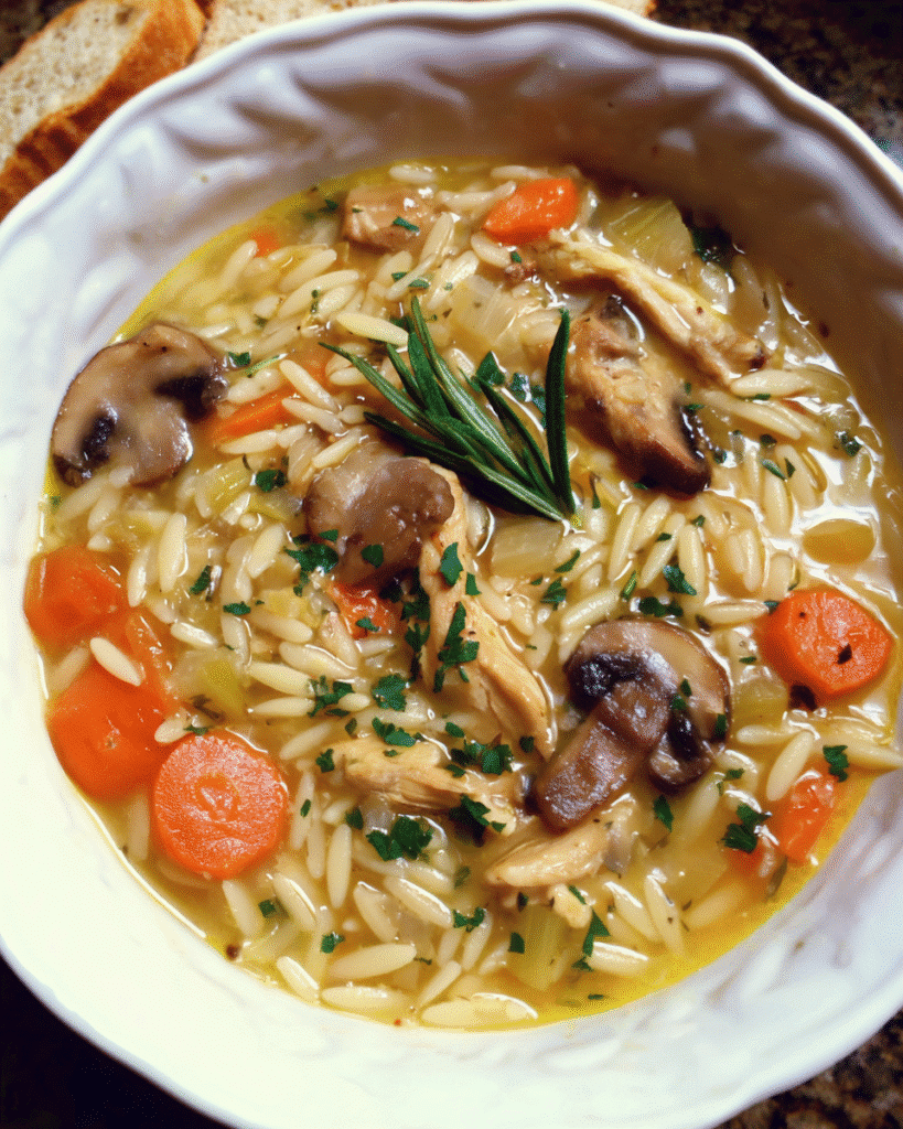 A bowl of creamy chicken mushroom orzo soup garnished with fresh herbs