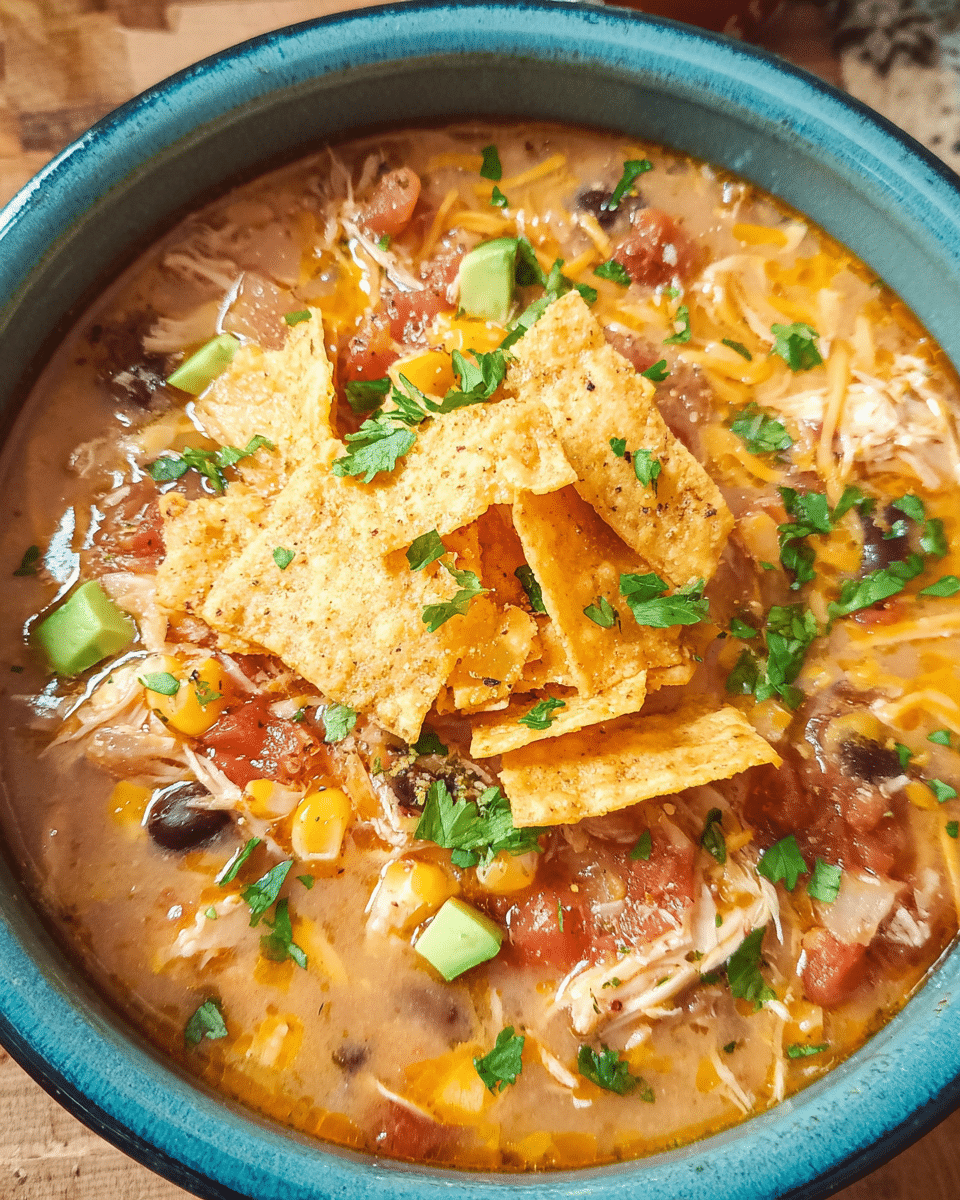 Creamy Chicken Nacho Soup topped with avocado, cilantro, and tortilla chips
