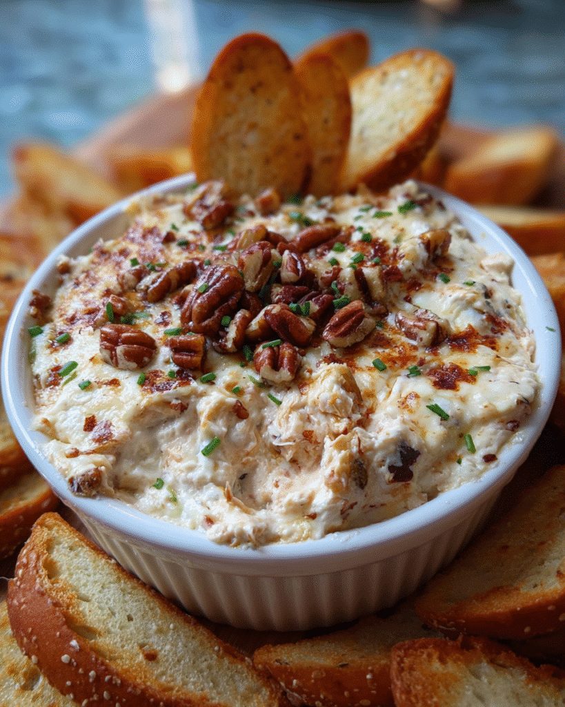 Creamy Chicken Parmesan Dip baked with Parmesan and pecans