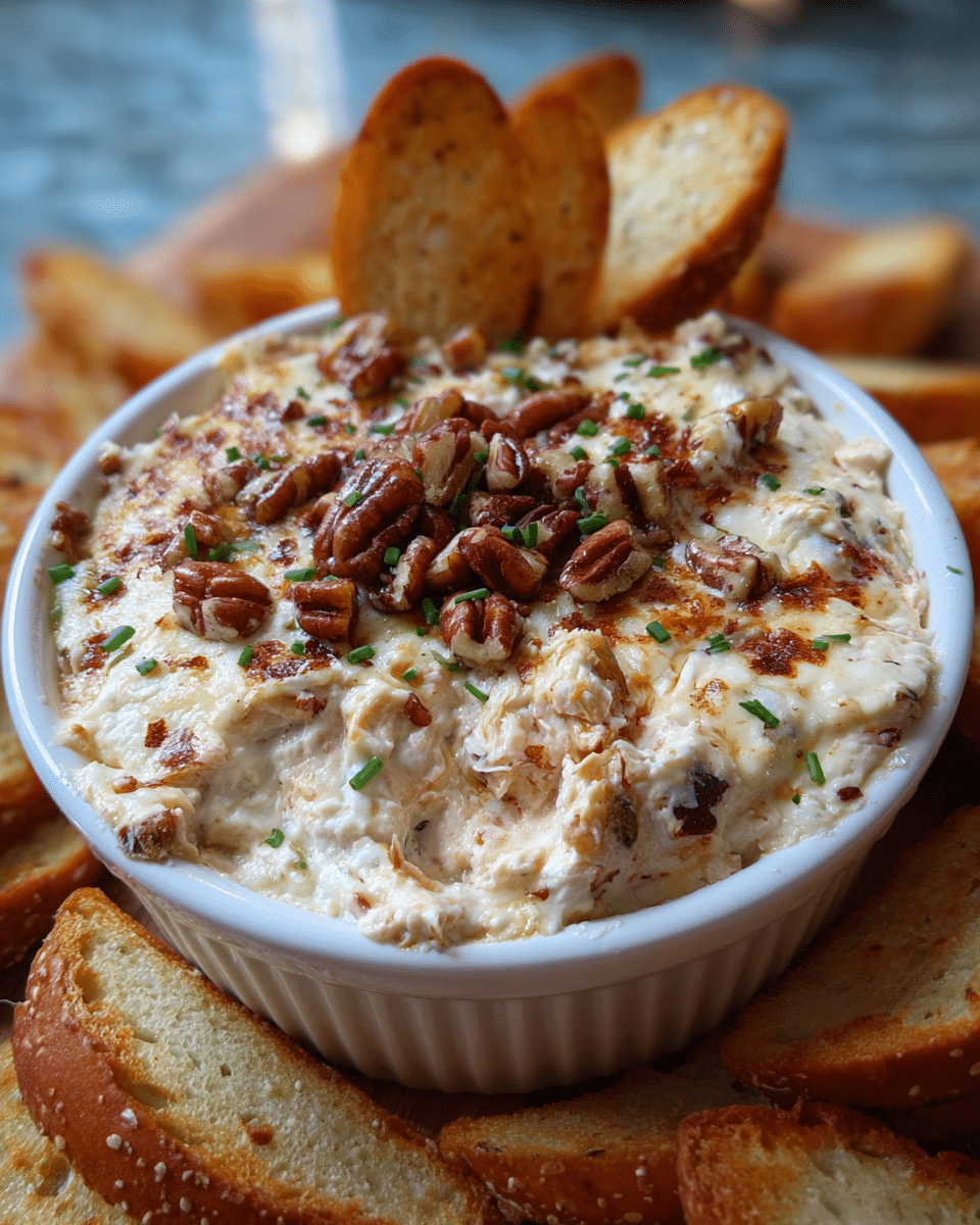 Creamy Chicken Parmesan Dip baked with Parmesan and pecans