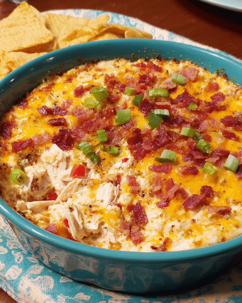 Hot creamy chicken ranch dip with bacon and cheese in a white baking dish