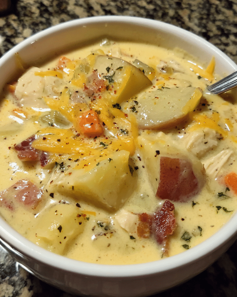 Creamy Chicken Ranch Potato Soup in a bowl with cheddar and herbs