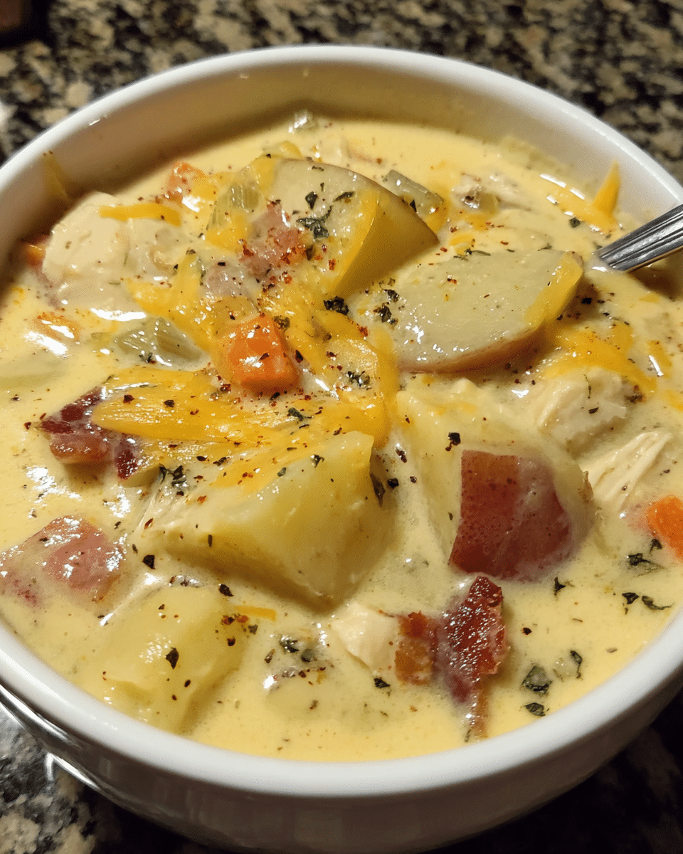 Creamy Chicken Ranch Potato Soup in a bowl with cheddar and herbs