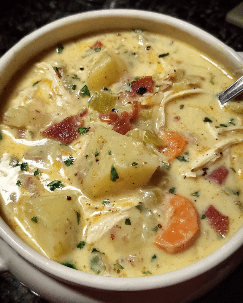 Creamy Chicken Ranch Potato Soup in a bowl with cheddar and herbs