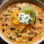 Bowl of creamy chicken taco stew with toppings