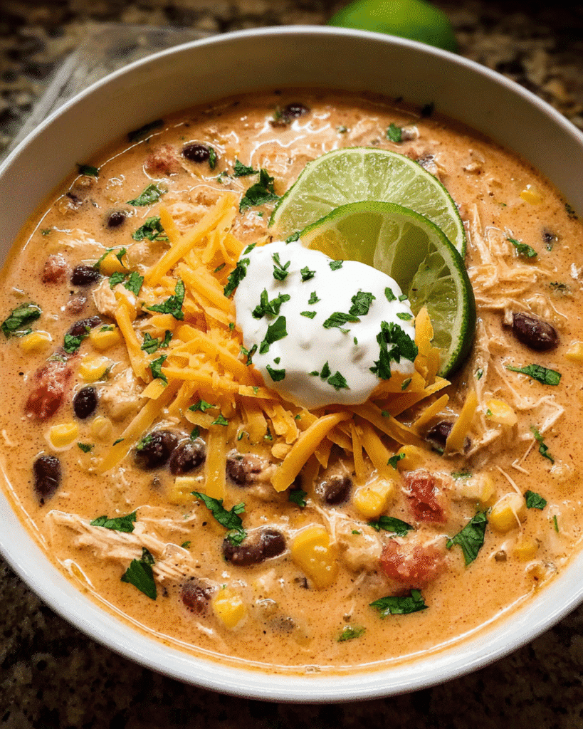 Bowl of creamy chicken taco stew with toppings