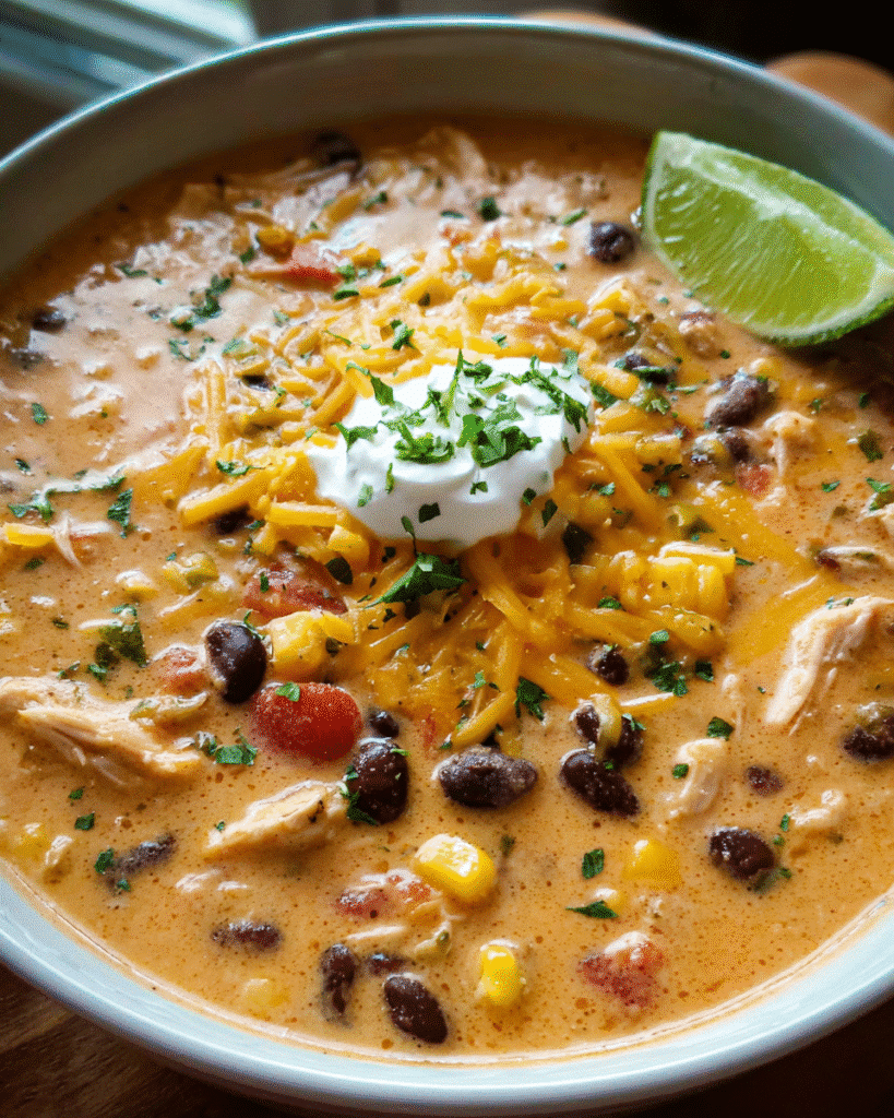Bowl of creamy chicken taco stew with toppings
