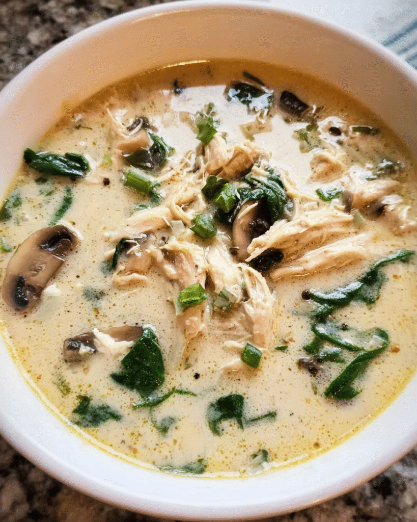 Creamy chicken and spinach soup in a white bowl