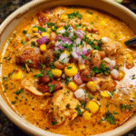 Bowl of creamy chipotle chicken soup with fresh herbs on top