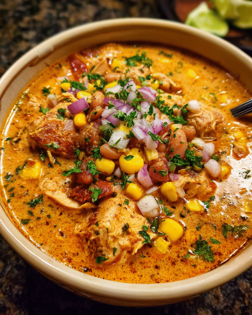 Bowl of creamy chipotle chicken soup with fresh herbs on top