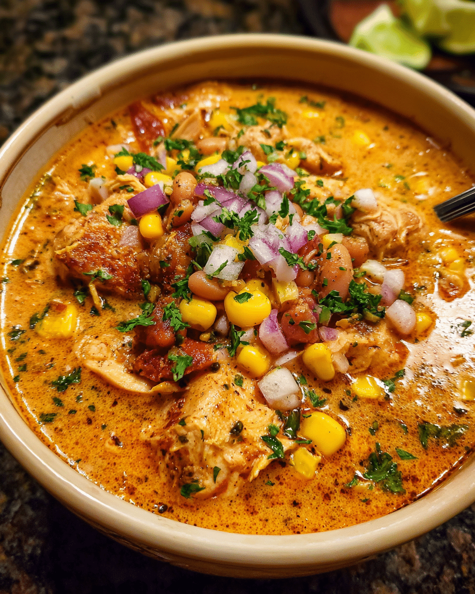 Bowl of creamy chipotle chicken soup with fresh herbs on top