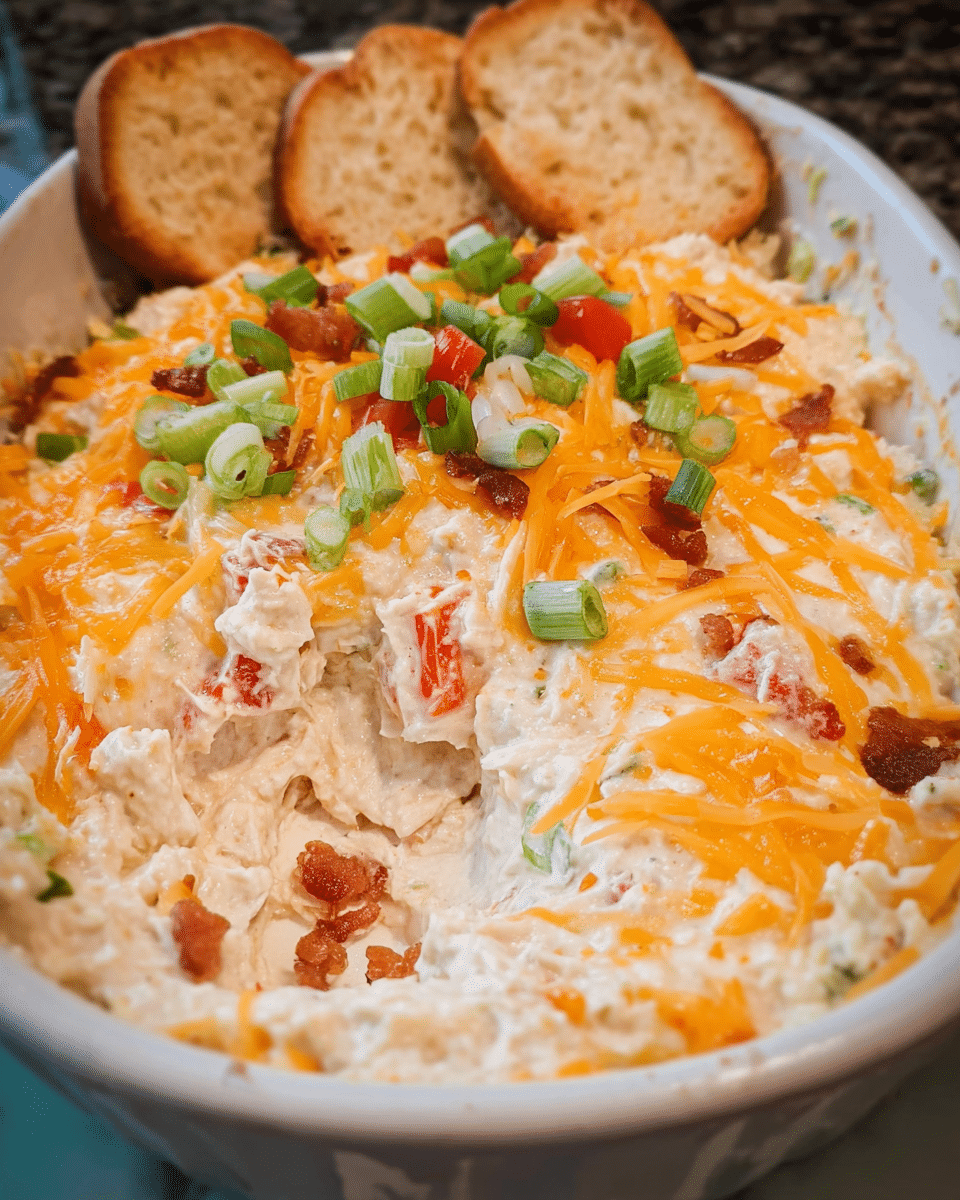 Creamy Garlic Chicken Dip in a bowl garnished with cheddar and green onions