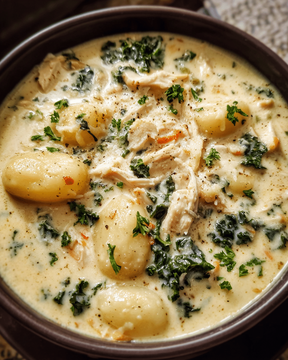 Creamy Garlic Chicken Gnocchi Soup in a white bowl topped with Parmesan and kale