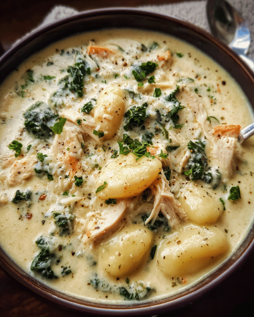 Creamy Garlic Chicken Gnocchi Soup in a white bowl topped with Parmesan and kale