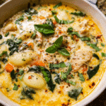 Bowl of creamy gnocchi chicken soup with spinach and sun-dried tomatoes