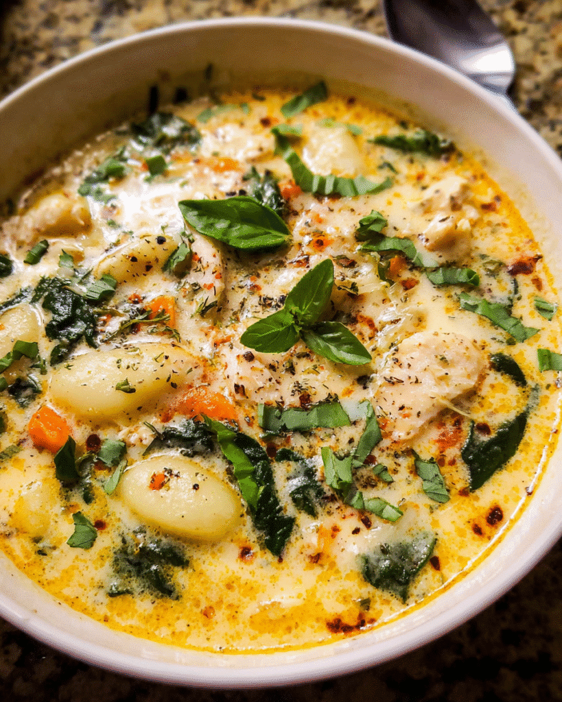 Bowl of creamy gnocchi chicken soup with spinach and sun-dried tomatoes