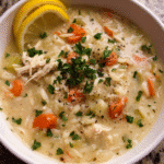 Creamy Parmesan Chicken Orzo Soup served in a white bowl with parsley and parmesan