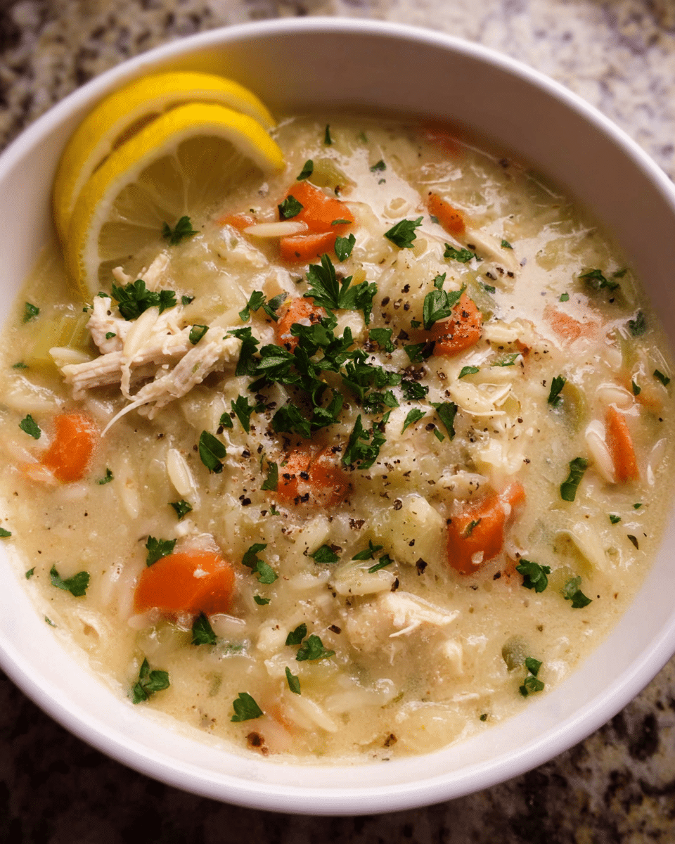 Creamy Parmesan Chicken Orzo Soup served in a white bowl with parsley and parmesan
