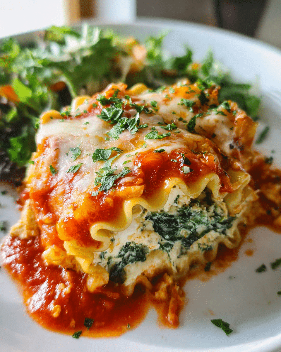 Creamy Spinach Chicken Lasagna Roll Ups baked with marinara and mozzarella