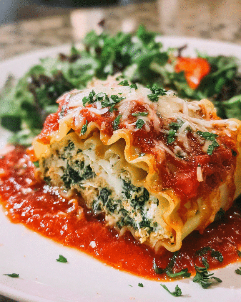 Creamy Spinach Chicken Lasagna Roll Ups baked with marinara and mozzarella