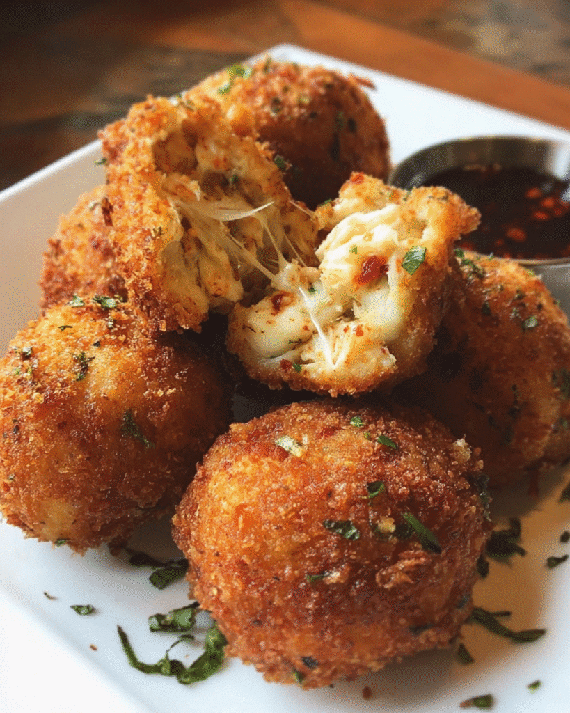 Golden crispy chicken cheese balls with melted mozzarella center