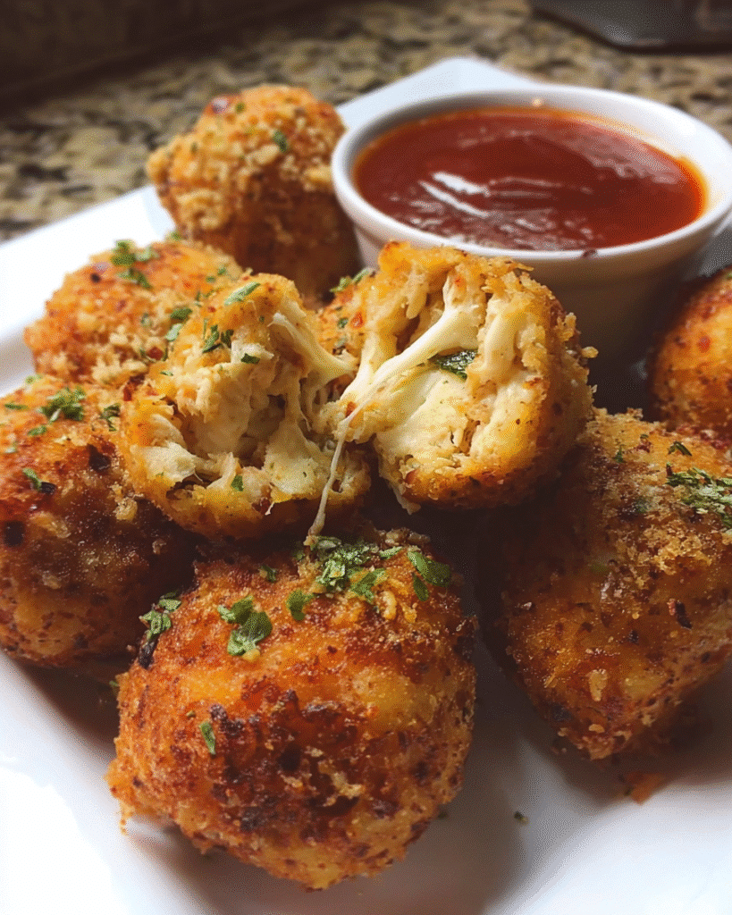 Golden crispy chicken cheese balls with melted mozzarella center