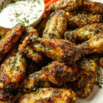 Golden crispy ranch chicken wings baked on a parchment-lined tray