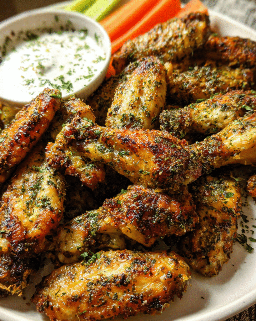 Golden crispy ranch chicken wings baked on a parchment-lined tray