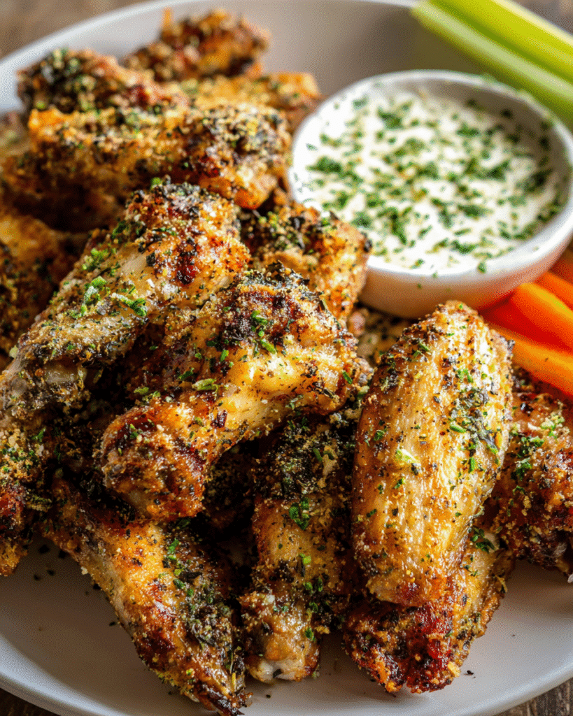 Golden crispy ranch chicken wings baked on a parchment-lined tray