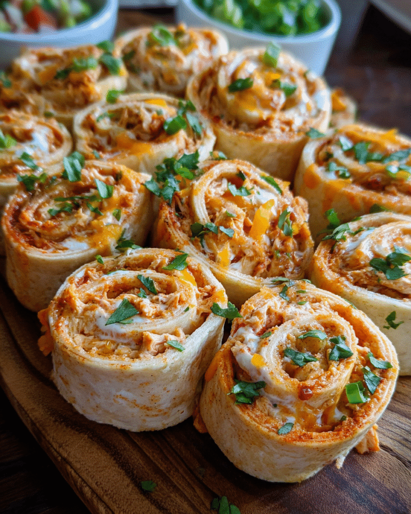 Easy Chicken Taco Pinwheels sliced on a serving platter