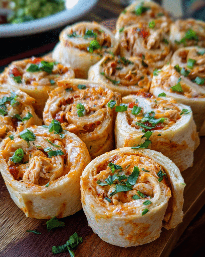 Easy Chicken Taco Pinwheels sliced on a serving platter