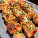Golden garlic butter chicken skewers brushed with fresh parsley butter in skillet