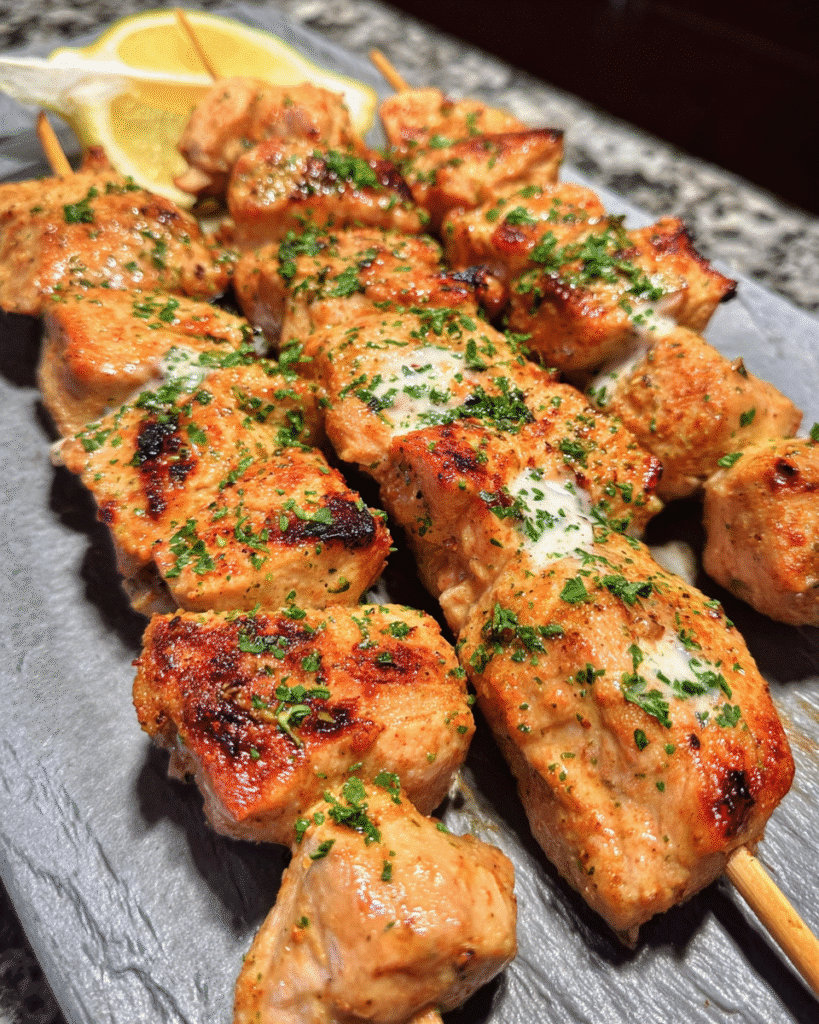 Golden garlic butter chicken skewers brushed with fresh parsley butter in skillet