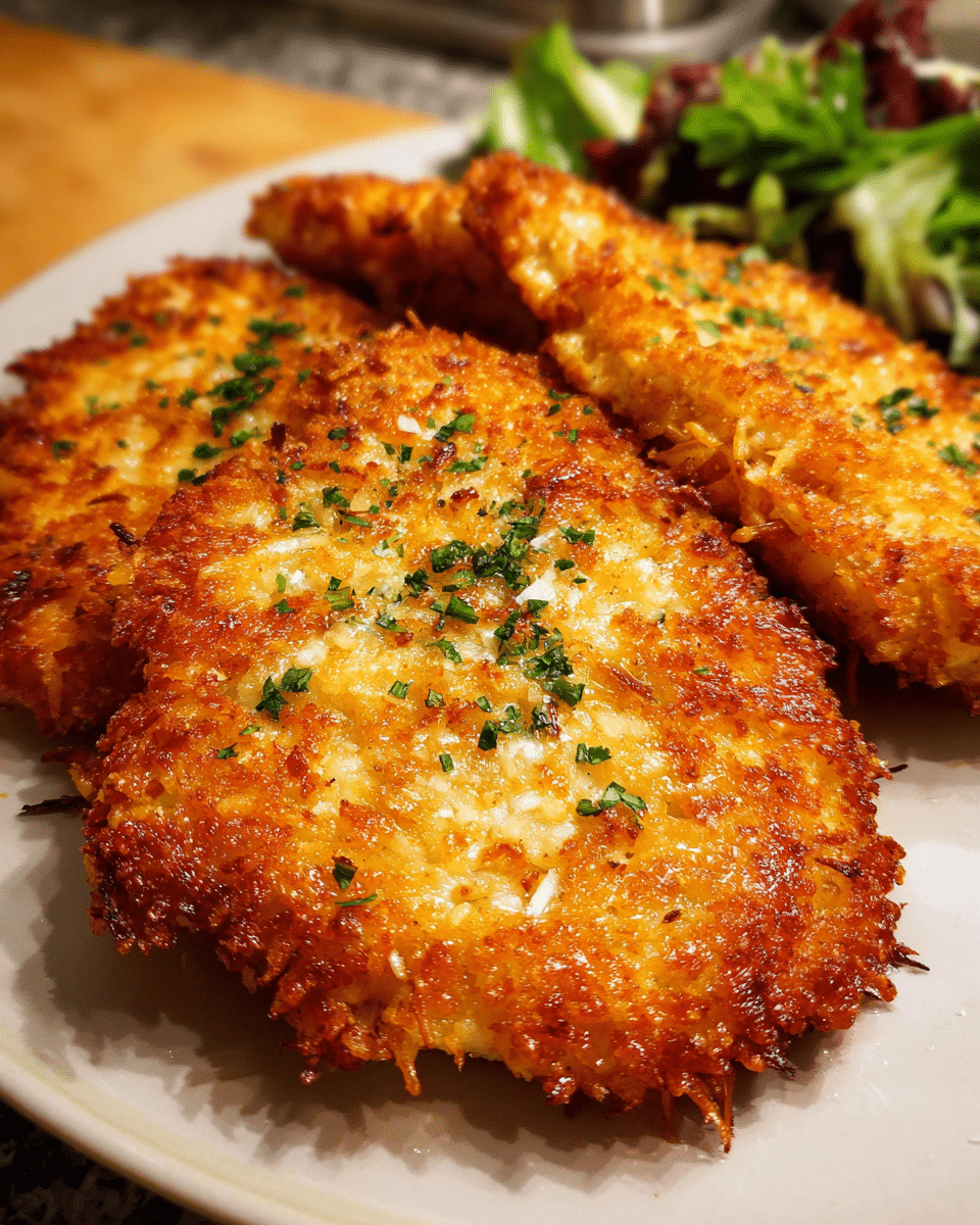 Golden crispy hash brown chicken cutlets on a plate