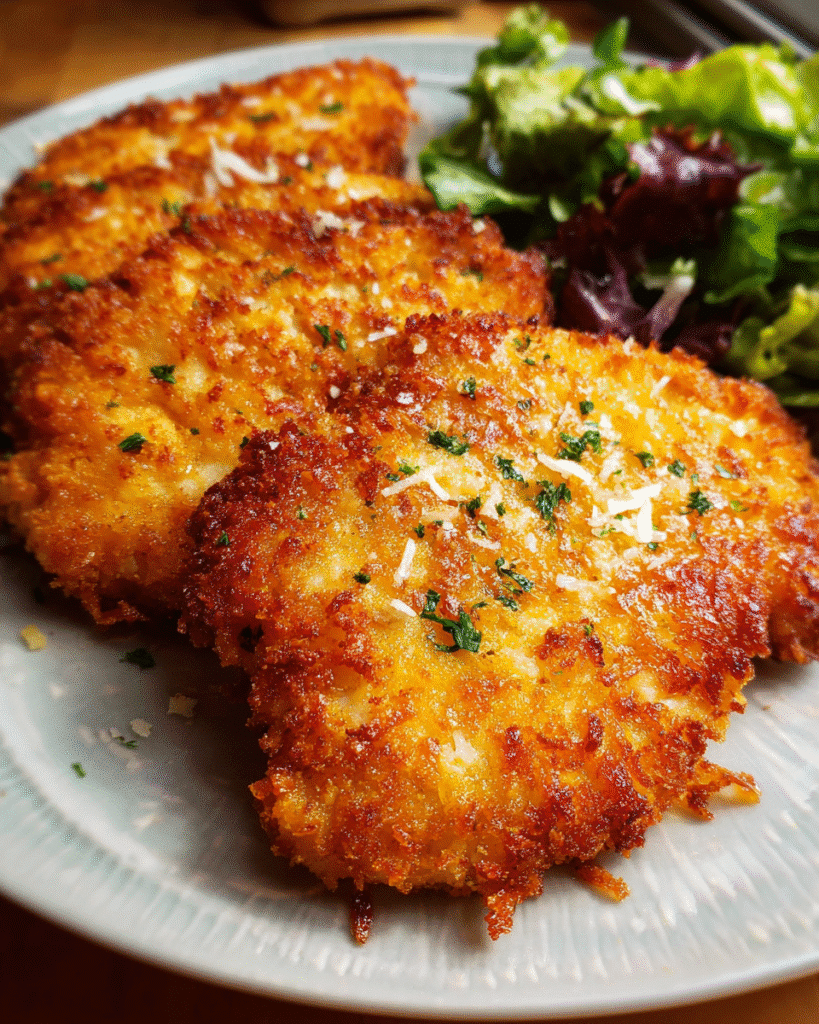 Golden crispy hash brown chicken cutlets on a plate