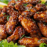 Crispy honey garlic chicken wings glazed and topped with sesame seeds