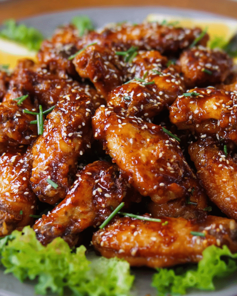 Crispy honey garlic chicken wings glazed and topped with sesame seeds